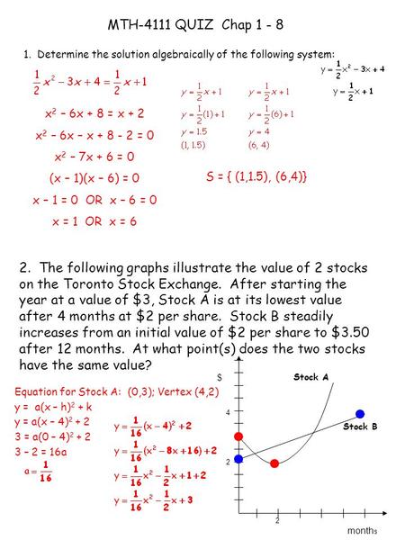 MTH-4111 QUIZ Chap 1 - 8 1. Determine the solution algebraically of the following system: 2. The following graphs illustrate the value of 2 stocks on the.