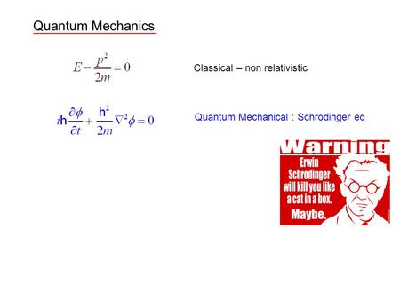 Quantum Mechanics Classical – non relativistic Quantum Mechanical : Schrodinger eq.