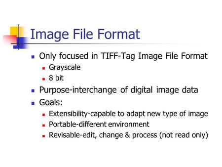 Image File Format Only focused in TIFF-Tag Image File Format Grayscale 8 bit Purpose-interchange of digital image data Goals: Extensibility-capable to.