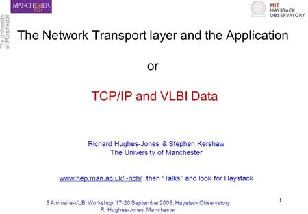 5 Annual e-VLBI Workshop, 17-20 September 2006, Haystack Observatory R. Hughes-Jones Manchester 1 The Network Transport layer and the Application or TCP/IP.