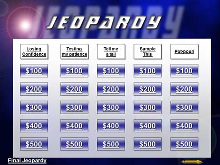 Final Jeopardy $100 $200 $300 $400 $500 $100 $200 $300 $400 $500 $100 $200 $300 $400 $500 $100 $200 $300 $400 $500 $100 $200 $300 $400 $500 LosingConfidenceLosingConfidenceTesting.