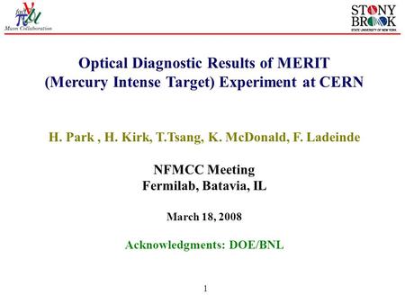 1 Optical Diagnostic Results of MERIT (Mercury Intense Target) Experiment at CERN H. Park, H. Kirk, T.Tsang, K. McDonald, F. Ladeinde NFMCC Meeting Fermilab,