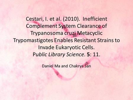 Cestari, I. et al. (2010). Inefficient Complement System Clearance of Trypanosoma cruzi Metacyclic Trypomastigotes Enables Resistant Strains to Invade.
