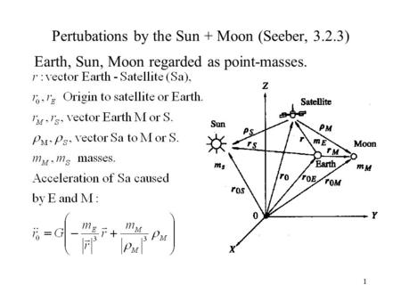 1 Pertubations by the Sun + Moon (Seeber, 3.2.3) Earth, Sun, Moon regarded as point-masses.