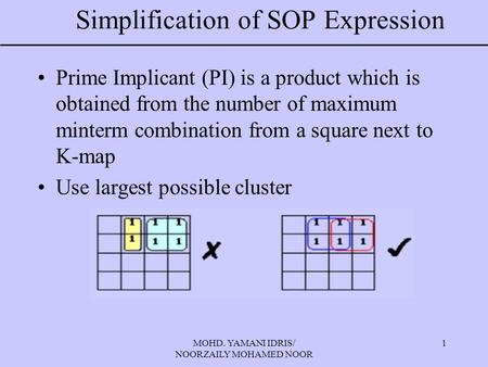 MOHD. YAMANI IDRIS/ NOORZAILY MOHAMED NOOR 1 Simplification of SOP Expression Prime Implicant (PI) is a product which is obtained from the number of maximum.