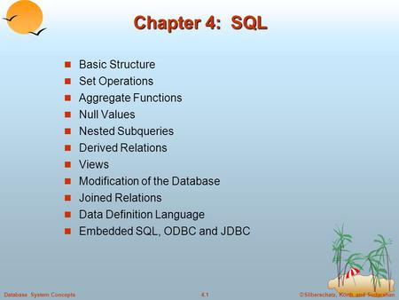 ©Silberschatz, Korth and Sudarshan4.1Database System Concepts Chapter 4: SQL Basic Structure Set Operations Aggregate Functions Null Values Nested Subqueries.