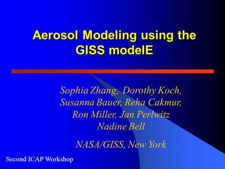 Second ICAP Workshop Aerosol Modeling using the GISS modelE Sophia Zhang, Dorothy Koch, Susanna Bauer, Reha Cakmur, Ron Miller, Jan Perlwitz Nadine Bell.