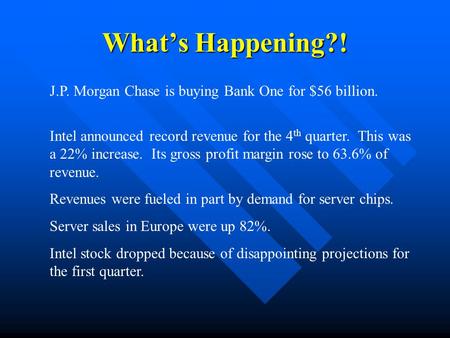 What’s Happening?! J.P. Morgan Chase is buying Bank One for $56 billion. Intel announced record revenue for the 4th quarter. This was a 22% increase.