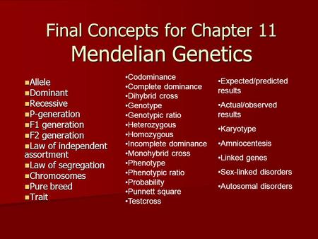 Final Concepts for Chapter 11 Mendelian Genetics Allele Allele Dominant Dominant Recessive Recessive P-generation P-generation F1 generation F1 generation.