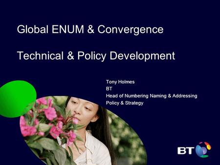 Global ENUM & Convergence Technical & Policy Development Tony Holmes BT Head of Numbering Naming & Addressing Policy & Strategy.
