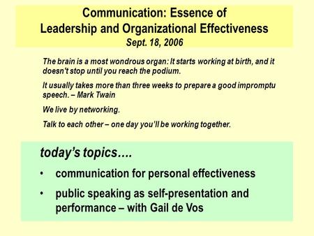 Communication: Essence of Leadership and Organizational Effectiveness Sept. 18, 2006 today’s topics…. communication for personal effectiveness public speaking.