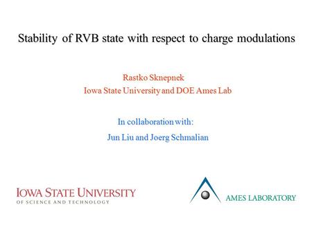 Stability of RVB state with respect to charge modulations Rastko Sknepnek Iowa State University and DOE Ames Lab In collaboration with: Jun Liu and Joerg.