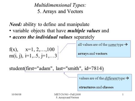 10/06/08MET CS 563 - Fall 2008 5. Arrays and Vectors 1 Multidimensional Types: 5. Arrays and Vectors Need: ability to define and manipulate variable objects.