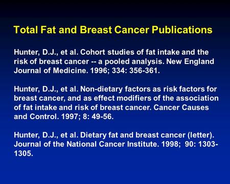 Hunter, D.J., et al. Cohort studies of fat intake and the risk of breast cancer -- a pooled analysis. New England Journal of Medicine. 1996; 334: 356-361.