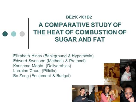 A COMPARATIVE STUDY OF THE HEAT OF COMBUSTION OF SUGAR AND FAT Elizabeth Hines (Background & Hypothesis) Edward Swanson (Methods & Protocol) Karishma Mehta.