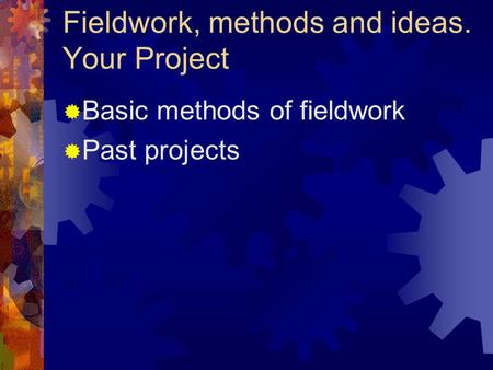 Fieldwork, methods and ideas. Your Project  Basic methods of fieldwork  Past projects.