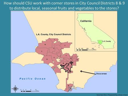 How should CSU work with corner stores in City Council Districts 8 & 9 to distribute local, seasonal fruits and vegetables to the stores? Focus areas Sources:
