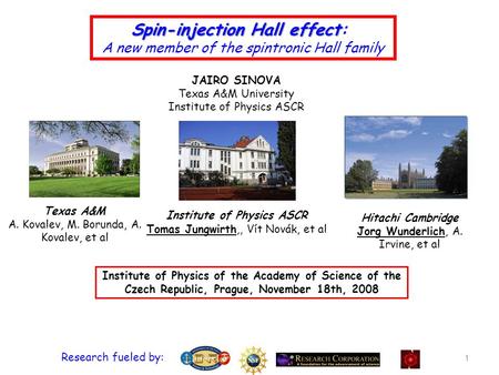 Spin-injection Hall effect Spin-injection Hall effect: A new member of the spintronic Hall family Institute of Physics of the Academy of Science of the.