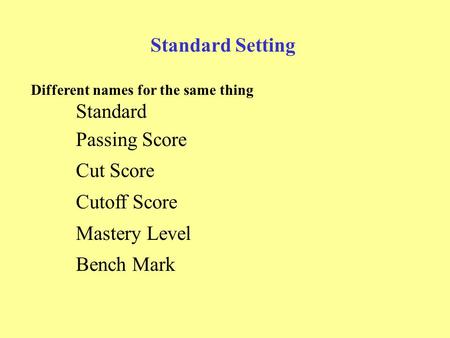 Standard Setting Different names for the same thing Standard Passing Score Cut Score Cutoff Score Mastery Level Bench Mark.
