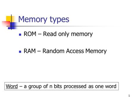 Memory types ROM – Read only memory RAM – Random Access Memory