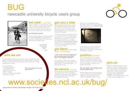 BUG newcastle university bicycle users group BUG works with estates and security services on campus to promote safe riding, safe parking and works for.