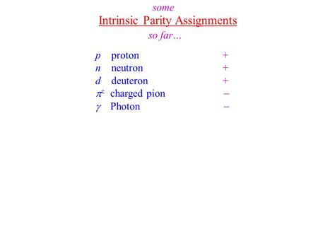 Intrinsic Parity Assignments p proton+ n neutron+ d deuteron +   charged pion   Photon  some so far…