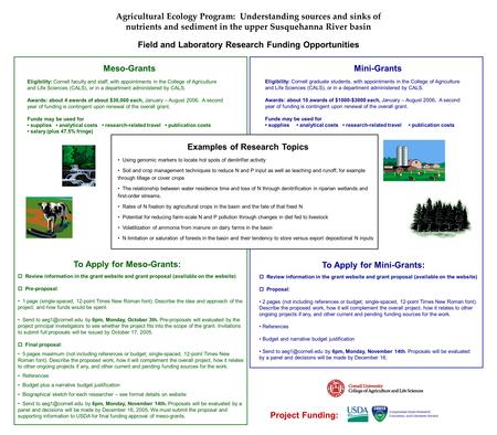 Agricultural Ecology Program: Understanding sources and sinks of nutrients and sediment in the upper Susquehanna River basin Field and Laboratory Research.