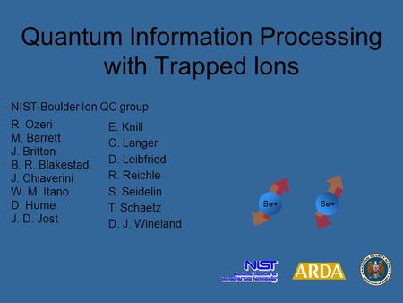Quantum Information Processing with Trapped Ions E. Knill C. Langer D. Leibfried R. Reichle S. Seidelin T. Schaetz D. J. Wineland NIST-Boulder Ion QC group.