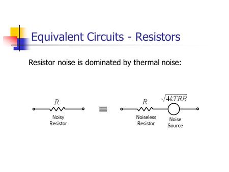 Equivalent Circuits - Resistors Resistor noise is dominated by thermal noise: Noiseless Resistor Noisy Resistor Noise Source.