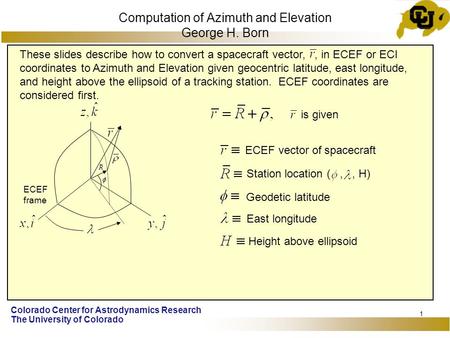 Colorado Center for Astrodynamics Research The University of Colorado 1 Computation of Azimuth and Elevation George H. Born These slides describe how to.