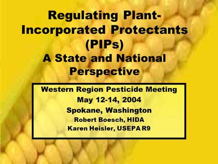Regulating Plant- Incorporated Protectants (PIPs) A State and National Perspective Western Region Pesticide Meeting May 12-14, 2004 Spokane, Washington.
