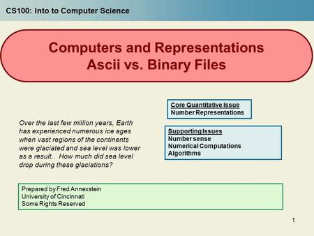 1 Computers and Representations Ascii vs. Binary Files Over the last few million years, Earth has experienced numerous ice ages when vast regions of the.