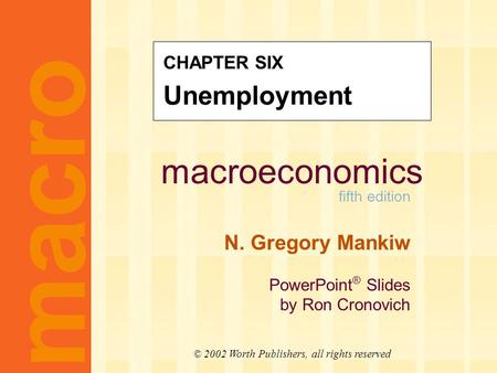 Macroeconomics fifth edition N. Gregory Mankiw PowerPoint ® Slides by Ron Cronovich macro © 2002 Worth Publishers, all rights reserved CHAPTER SIX Unemployment.