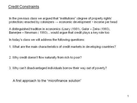 1 Credit Constraints A first approach to the “microfinance solution”