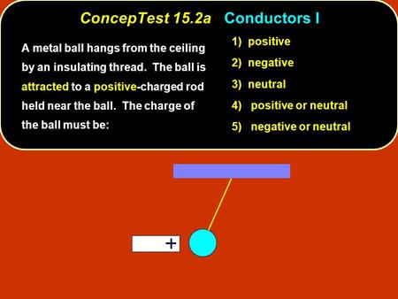 ConcepTest 15.2aConductors I ConcepTest 15.2a Conductors I 1) positive 2) negative 3) neutral 4) positive or neutral 5) negative or neutral A metal ball.