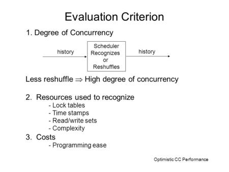 Optimistic CC Performance Evaluation Criterion 1. Degree of Concurrency Less reshuffle  High degree of concurrency 2. Resources used to recognize - Lock.