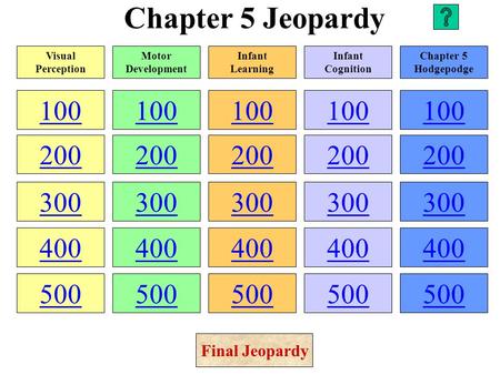 Chapter 5 Jeopardy 100 200 300 400 500 100 200 300 400 500 100 200 300 400 500 100 200 300 400 500 100 200 300 400 500 Visual Perception Motor Development.