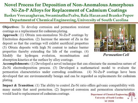 Department of Chemical Engineering University of South Carolina SC 29208 Novel Process for Deposition of Non-Anomalous Amorphous Ni-Zn-P Alloys for Replacement.