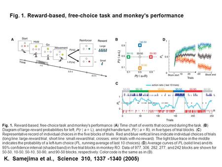 Fig. 1. Reward-based, free-choice task and monkey's performance. (A) Time chart of events that occurred during the task. (B) Diagram of large-reward probabilities.