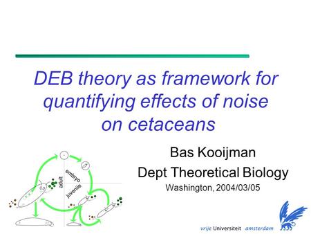 DEB theory as framework for quantifying effects of noise on cetaceans Bas Kooijman Dept Theoretical Biology Washington, 2004/03/05.