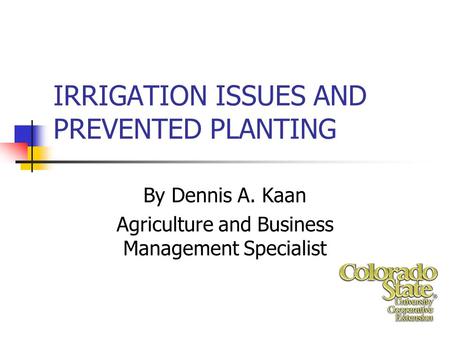 IRRIGATION ISSUES AND PREVENTED PLANTING By Dennis A. Kaan Agriculture and Business Management Specialist.