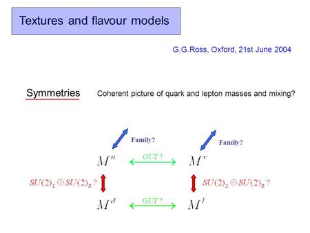 Textures and flavour models G.G.Ross, Oxford, 21st June 2004 Family? Symmetries Coherent picture of quark and lepton masses and mixing?