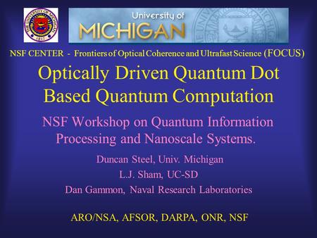 Optically Driven Quantum Dot Based Quantum Computation NSF Workshop on Quantum Information Processing and Nanoscale Systems. Duncan Steel, Univ. Michigan.