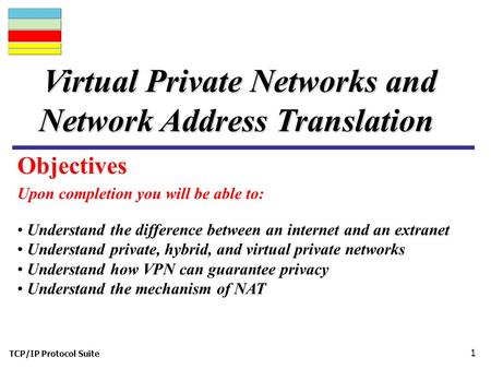 TCP/IP Protocol Suite 1 Upon completion you will be able to: Virtual Private Networks and Network Address Translation Understand the difference between.