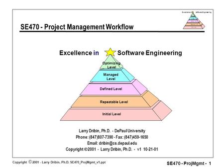 Copyright  2001 - Larry Dribin, Ph.D. SE470_ProjMgmt_v1.ppt SE470 - ProjMgmt - 1 Excellence in Software Engineering Repeatable Level Defined Level Manage.