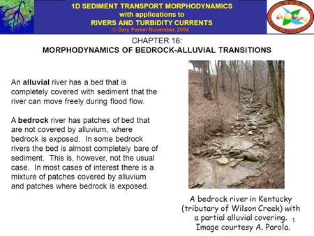 1D SEDIMENT TRANSPORT MORPHODYNAMICS with applications to RIVERS AND TURBIDITY CURRENTS © Gary Parker November, 2004 1 CHAPTER 16: MORPHODYNAMICS OF BEDROCK-ALLUVIAL.