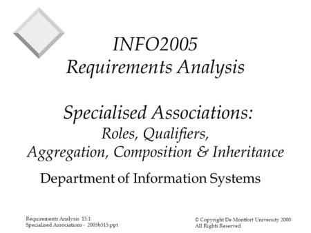 Requirements Analysis 15.1 Specialised Associations - 2005b515.ppt © Copyright De Montfort University 2000 All Rights Reserved INFO2005 Requirements Analysis.