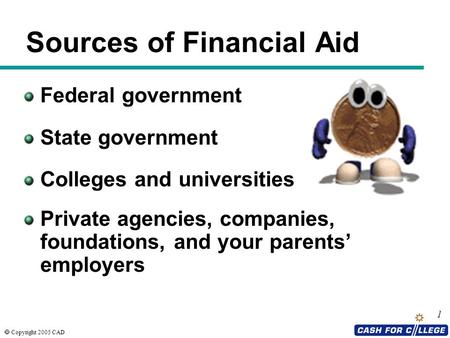  Copyright 2005 CAD 1 Federal government State government Colleges and universities Private agencies, companies, foundations, and your parents’ employers.