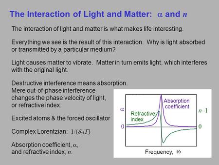 The Interaction of Light and Matter:  and n The interaction of light and matter is what makes life interesting. Everything we see is the result of this.