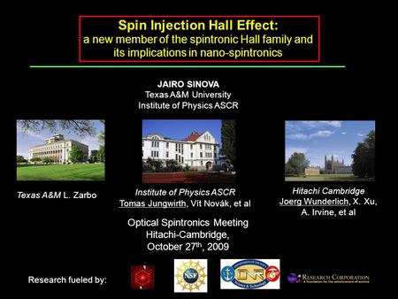 Spin Injection Hall Effect: a new member of the spintronic Hall family and its implications in nano-spintronics Research fueled by: Optical Spintronics.